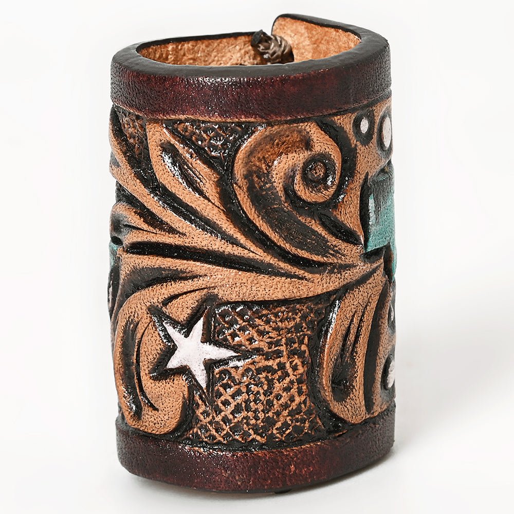 American Darling Western Hand Tooled Carved Genuine Leather Scarf Ring Brown Clasp Bandana Slide Cuff
