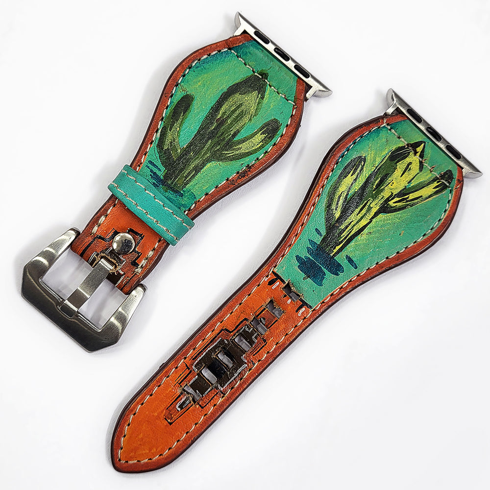 American Darling Hand Tooled I watch Strap Genuine Leather With Beautiful Cactus Painted Smart