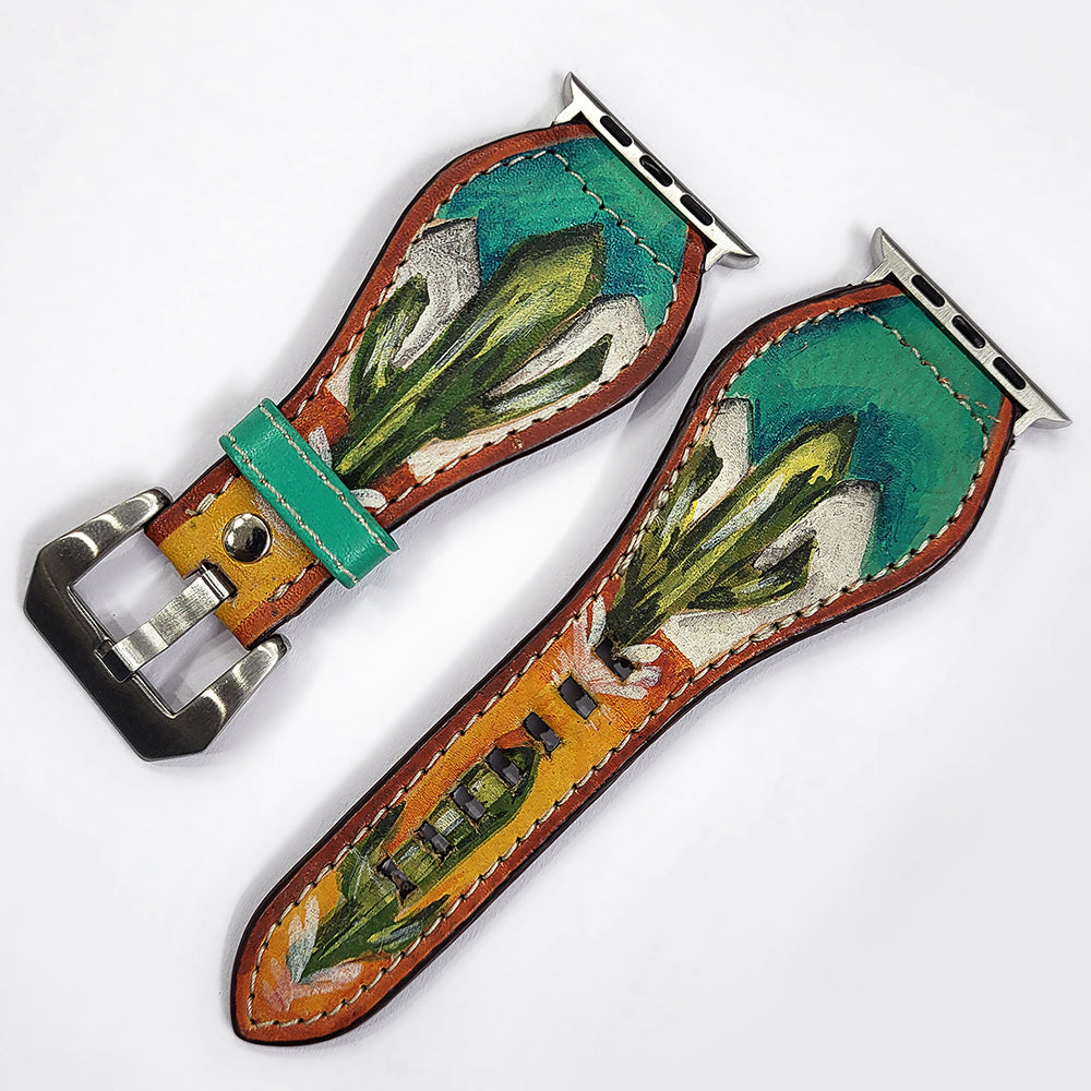 American Darling Hand Tooled I watch Strap Genuine Leather With Beautiful Cactus Painted Smart