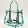 American Darling Clear Stadium Tote Bag with Hand Tooled Genuine Leather Trim | Floral Carved Straps & Top YKK Zipper Closure