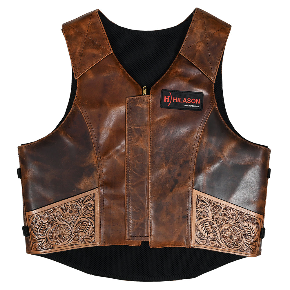 Hilason Bull Riding Rodeo Floral Hand Carved Genuine Leather Vest Black Safety Protective Gear Equipment