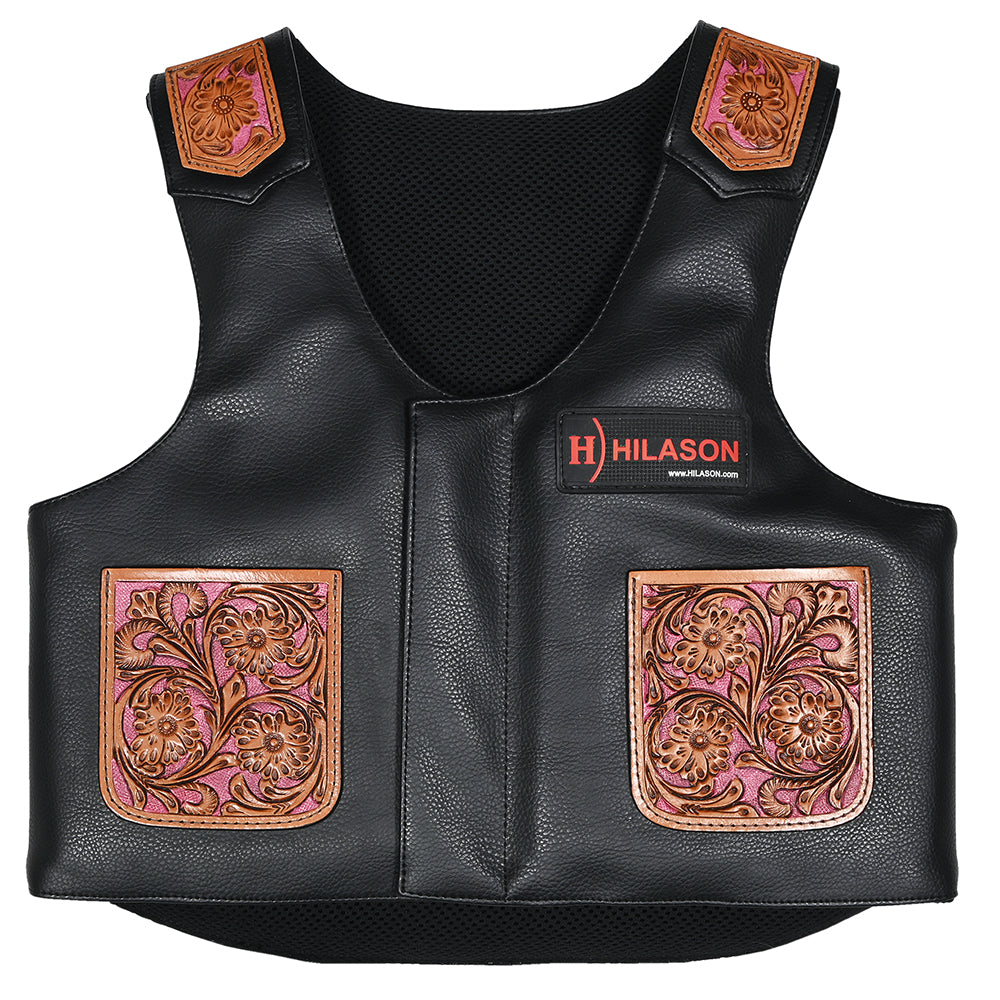 Hilason Bull Riding Kids Junior Youth Pro Rodeo Genuine Leather Vest With Floral Hand Carved