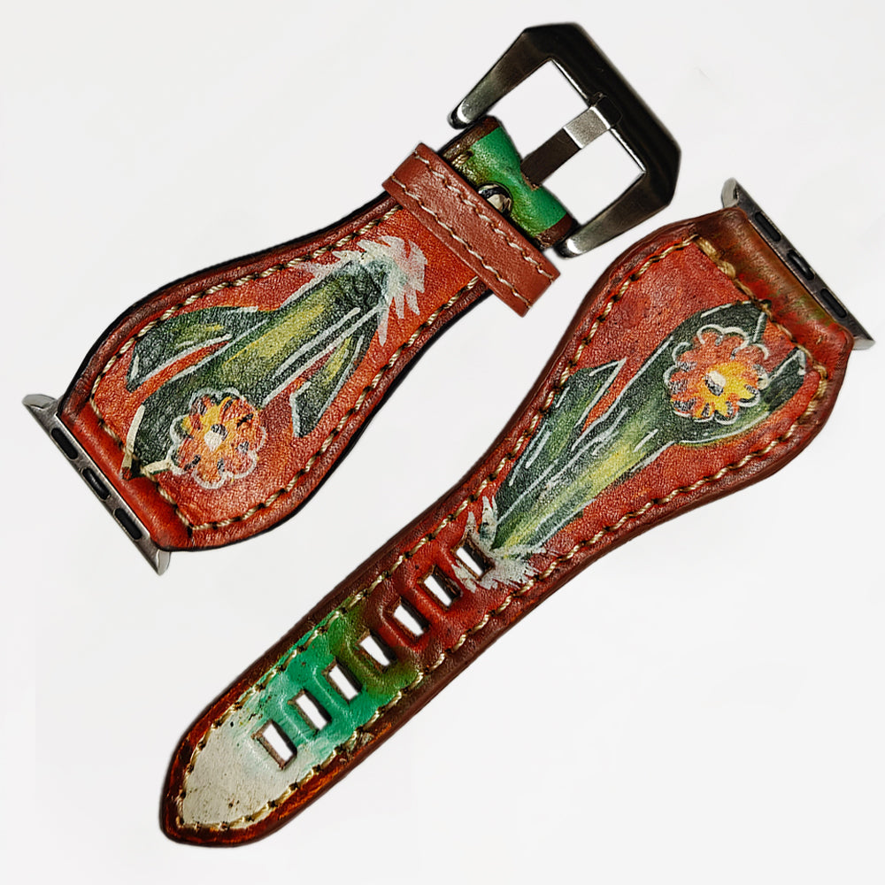 American Darling Hand Tooled I watch Strap Genuine Leather With Beautiful Cactus Painted Smart