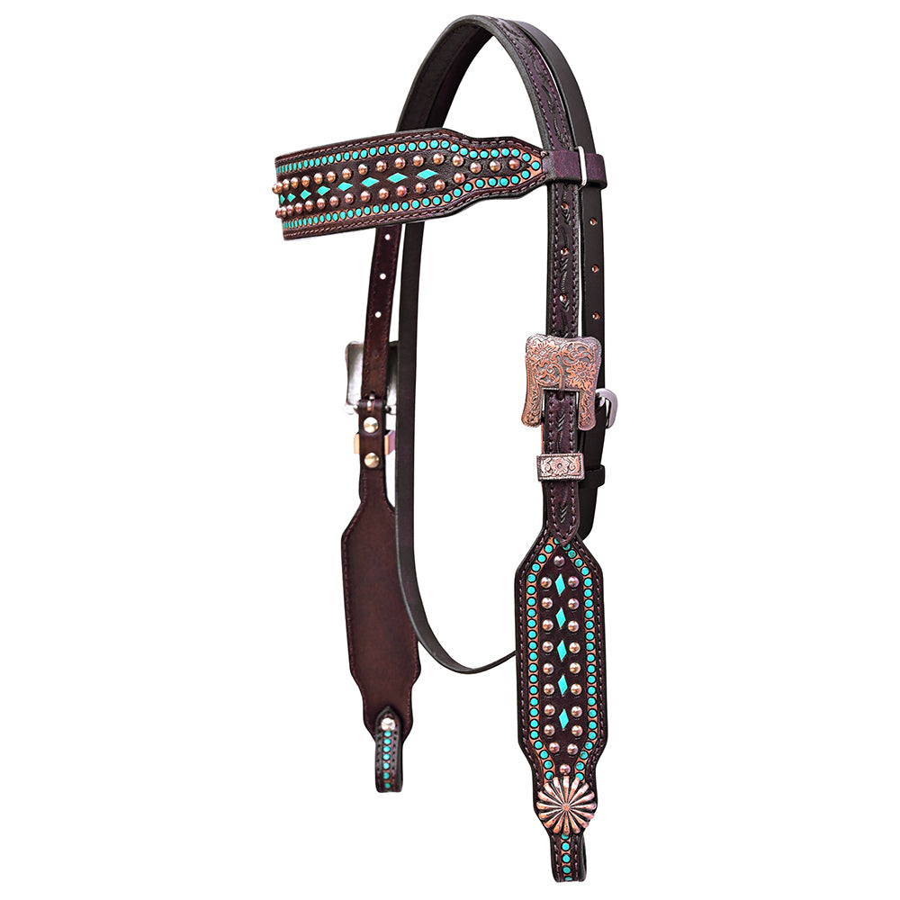 COMFYTACK Western Horse Buck Stitch Headstall Genuine Leather Concho Dark Brown