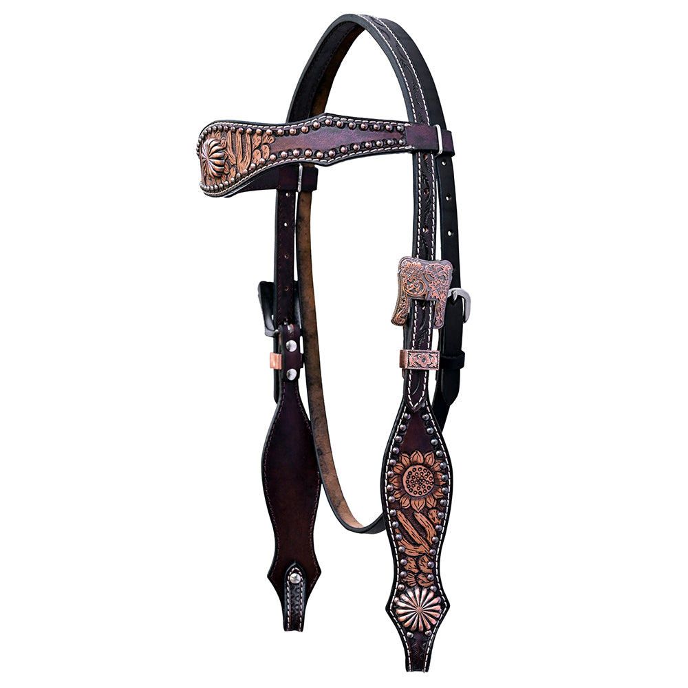 COMFYTACK Western Horse Floral Hand Carved Headstall Genuine Leather Concho Brown