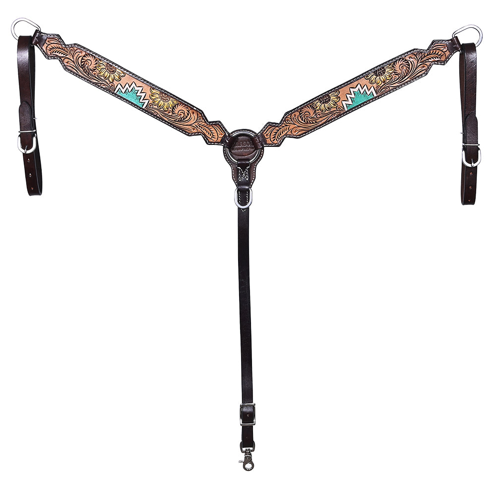 Hilason Horse Floral Hand Painted American Leather Breast Collar Headstall Dark Brown
