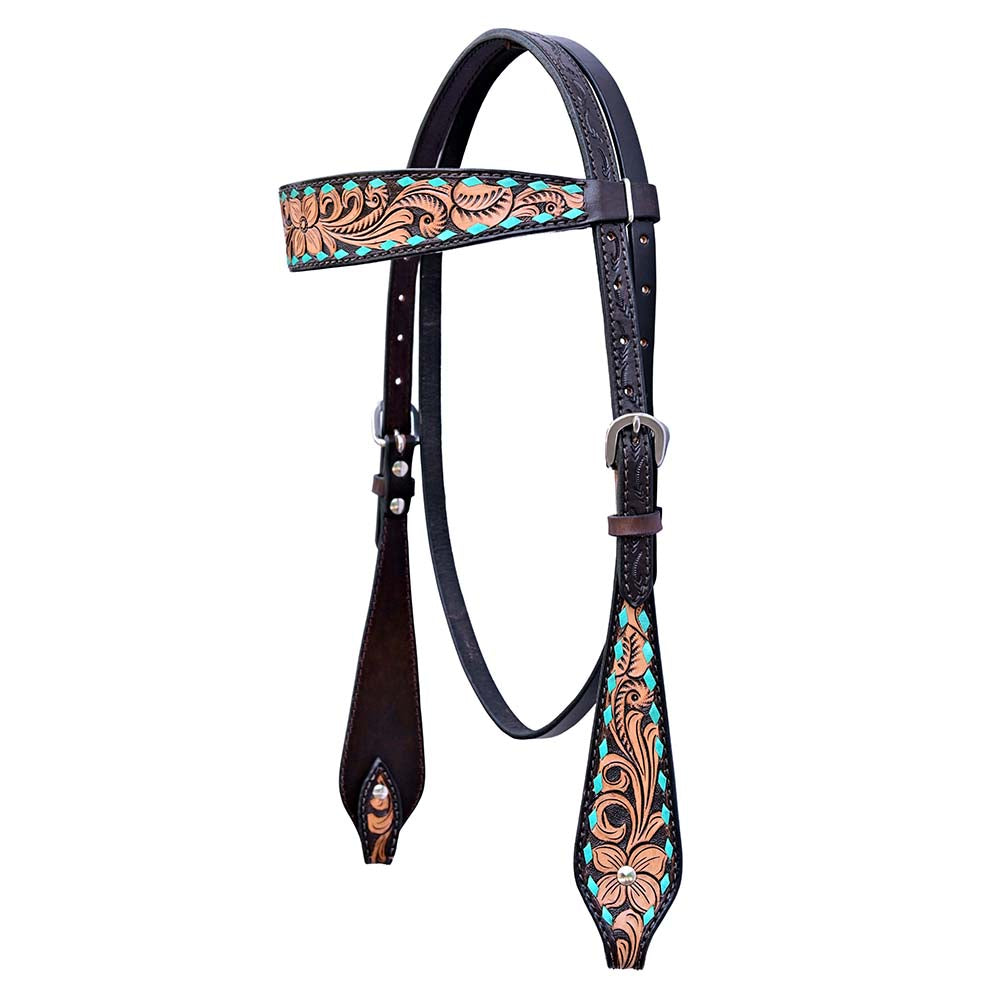 Hilason Horse Floral Hand Carved American Leather Breast Collar Headstall Dark Brown