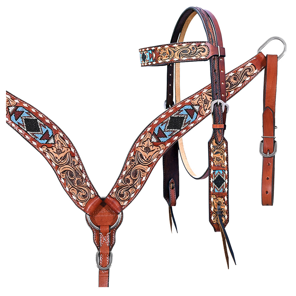 HILASON Western Horse Headstall & Breast Collar American Leather Floral Beaded