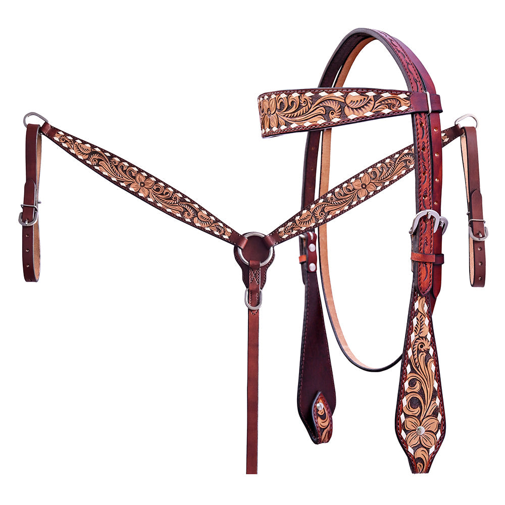 Hilason Horse Floral Hand Carved American Leather Breast Collar Headstall