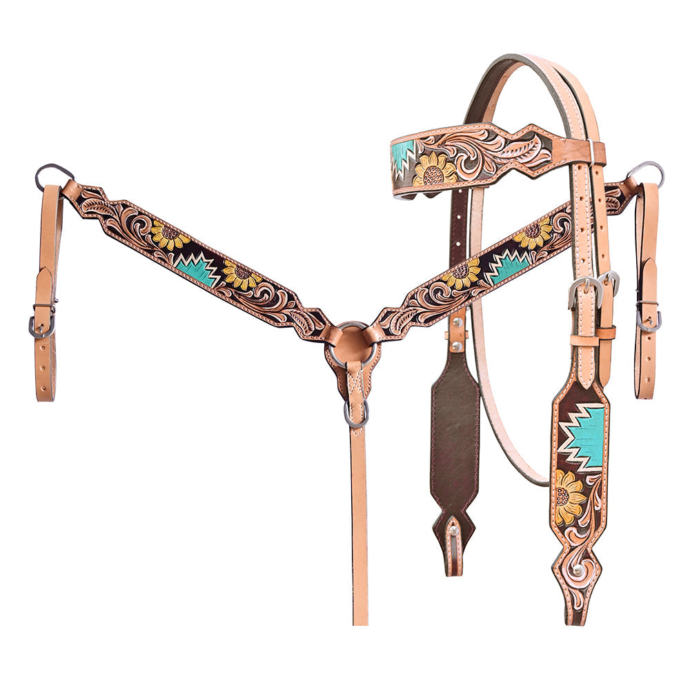 Hilason Horse Floral Hand Painted American Leather Breast Collar Headstall Tan