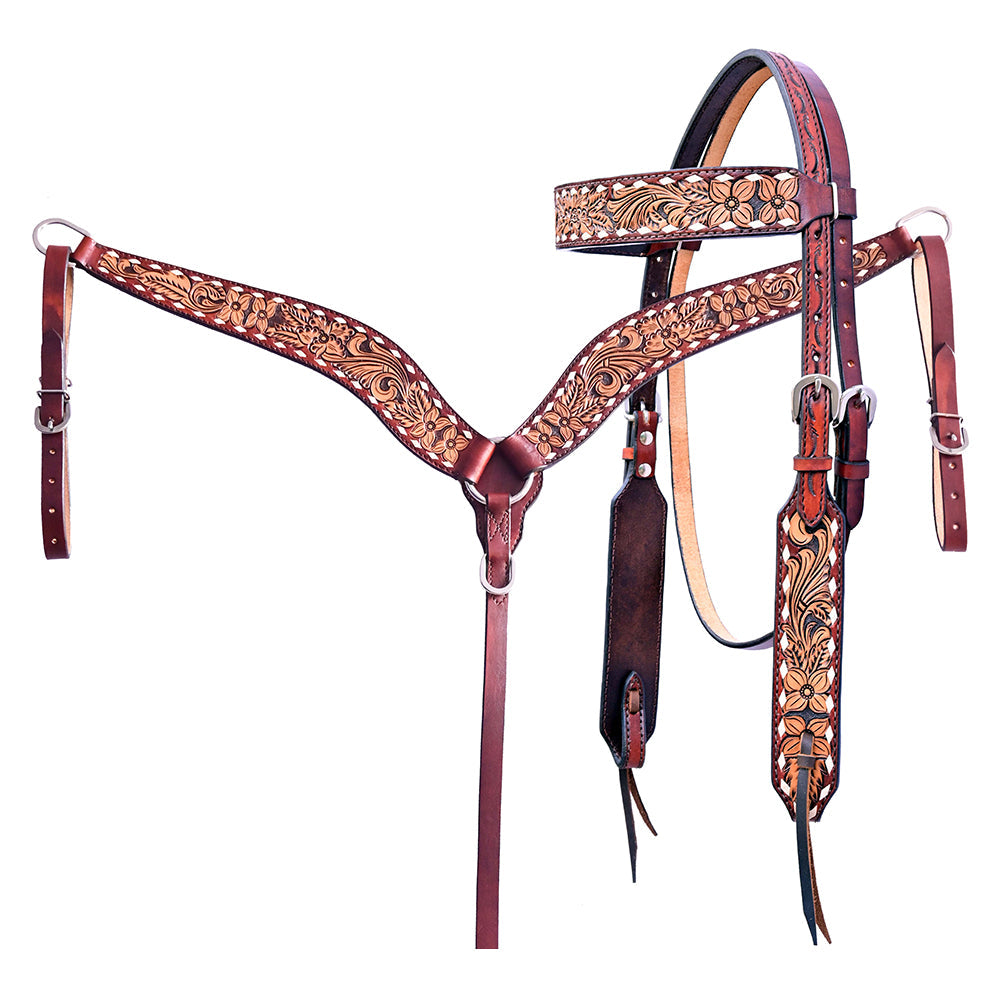 HILASON Western Horse Floral Headstall Breast Collar Set Genuine Leather Brown
