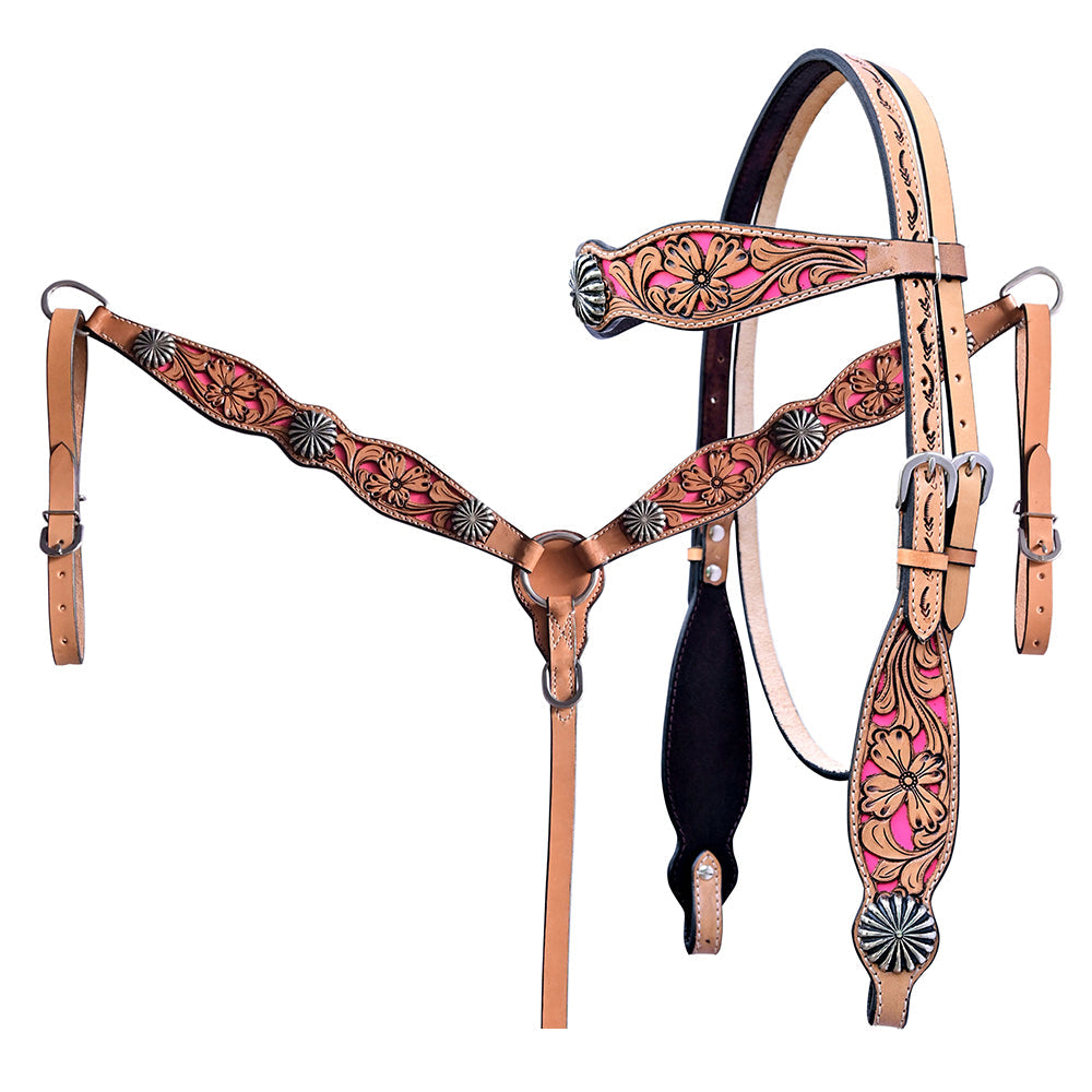 HILASON Western Horse Floral Headstall Breast Collar Set Genuine Leather Tan