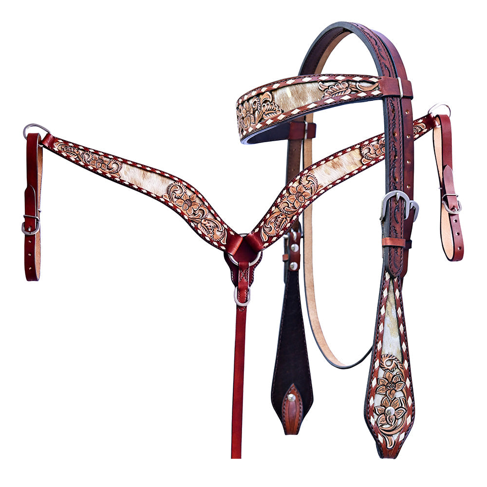 HILASON Western Horse Floral Headstall Breast Collar Set Genuine Leather Brown