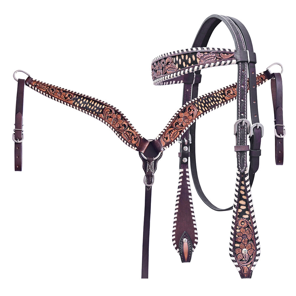 HILASON Western Horse Floral Headstall Breast Collar Set Genuine Leather Dark Brown