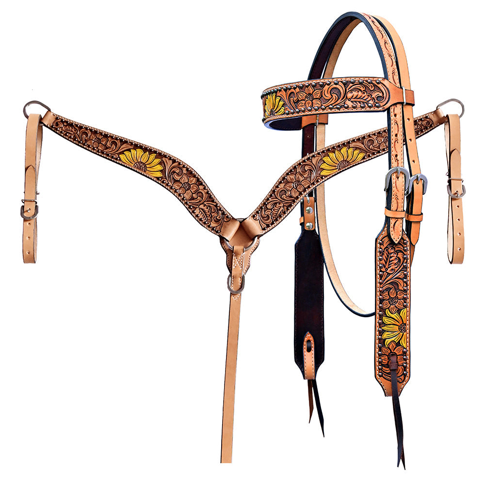 Hilason Horse Floral Hand Painted American Leather Breast Collar Headstall Tan