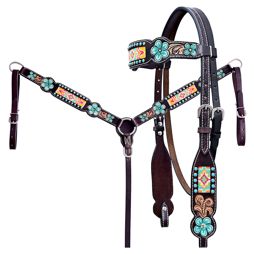 Hilason Horse Floral Hand Painted American Leather Breast Collar Headstall W/ Beaded Work Dark Brown