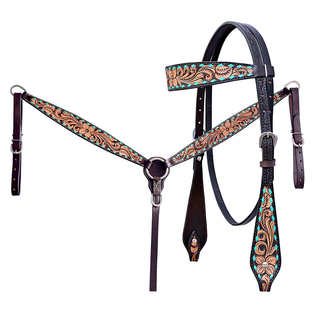 Hilason Horse Floral Hand Carved American Leather Breast Collar Headstall Dark Brown