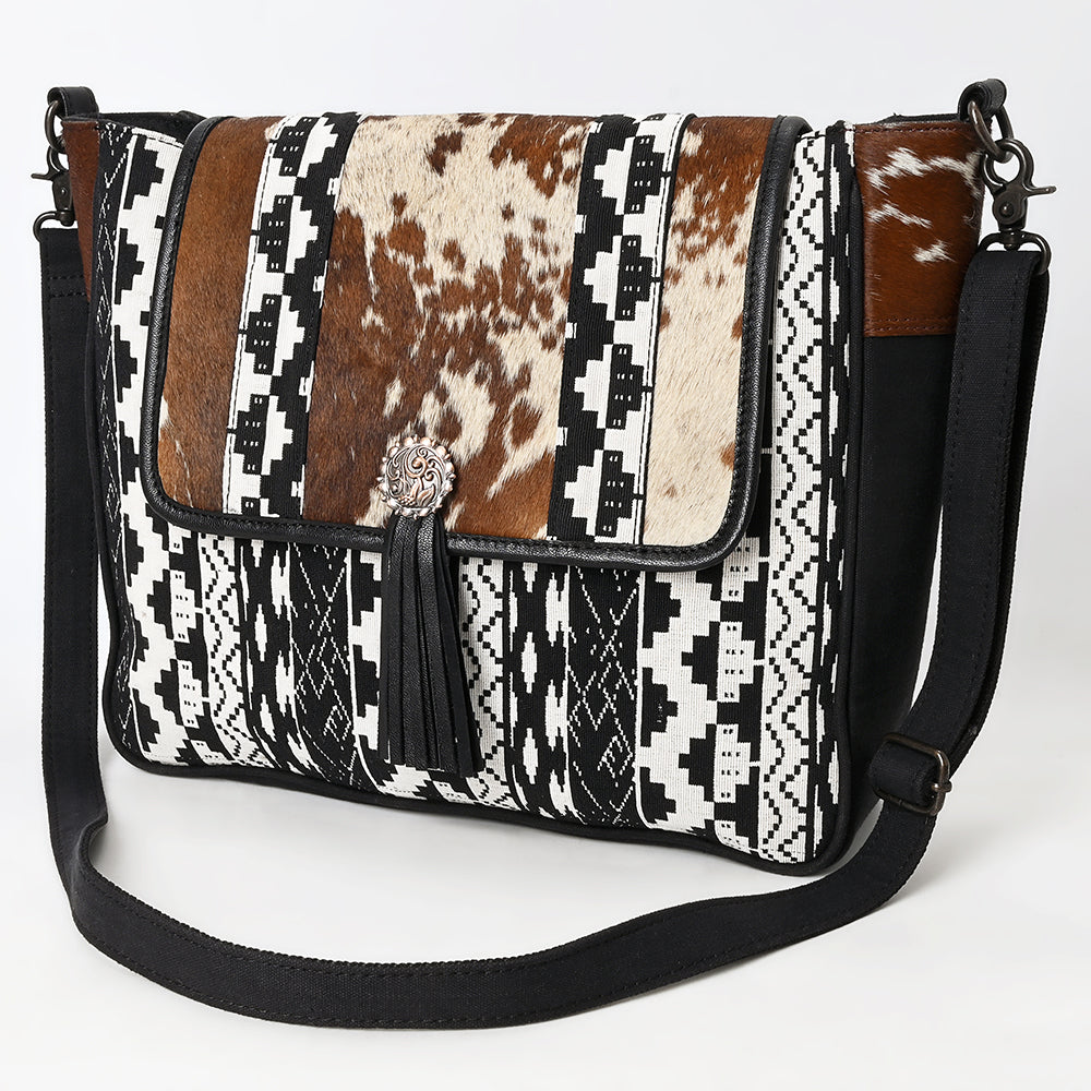 OHLAY Crossbody Hair On Upcycled Canvas Genuine Leather Women Bag Western Handbag Purse