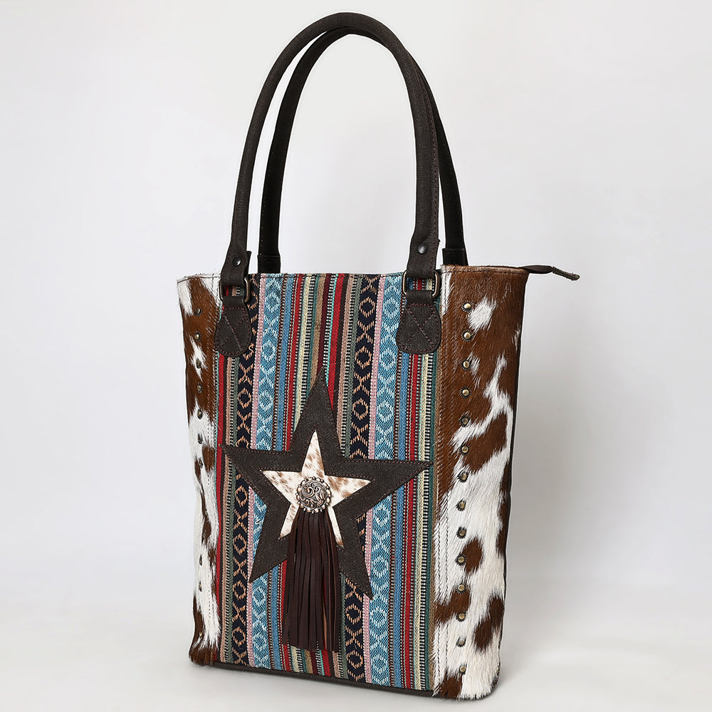 OHLAY Tote Hair On Upcycled Canvas Genuine Leather Women Bag Western Handbag Purse