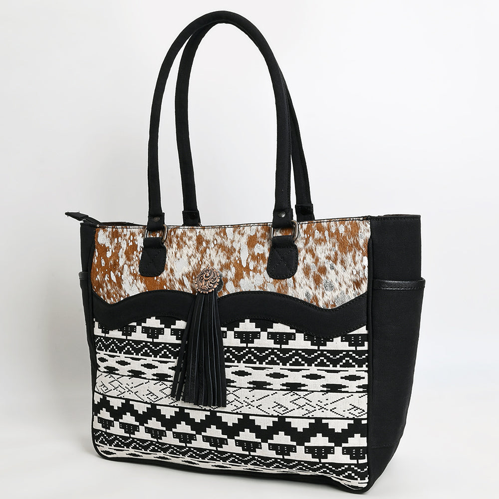 OHLAY Tote Hair On Upcycled Canvas Genuine Leather Women Bag Western Handbag Purse