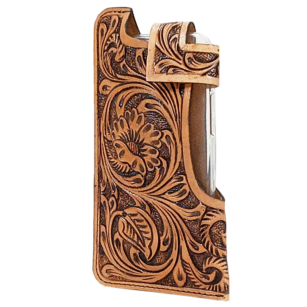 HILASON Leather Floral Hand Carved Stylish Cell Phone Holder Smartphone Case Tan