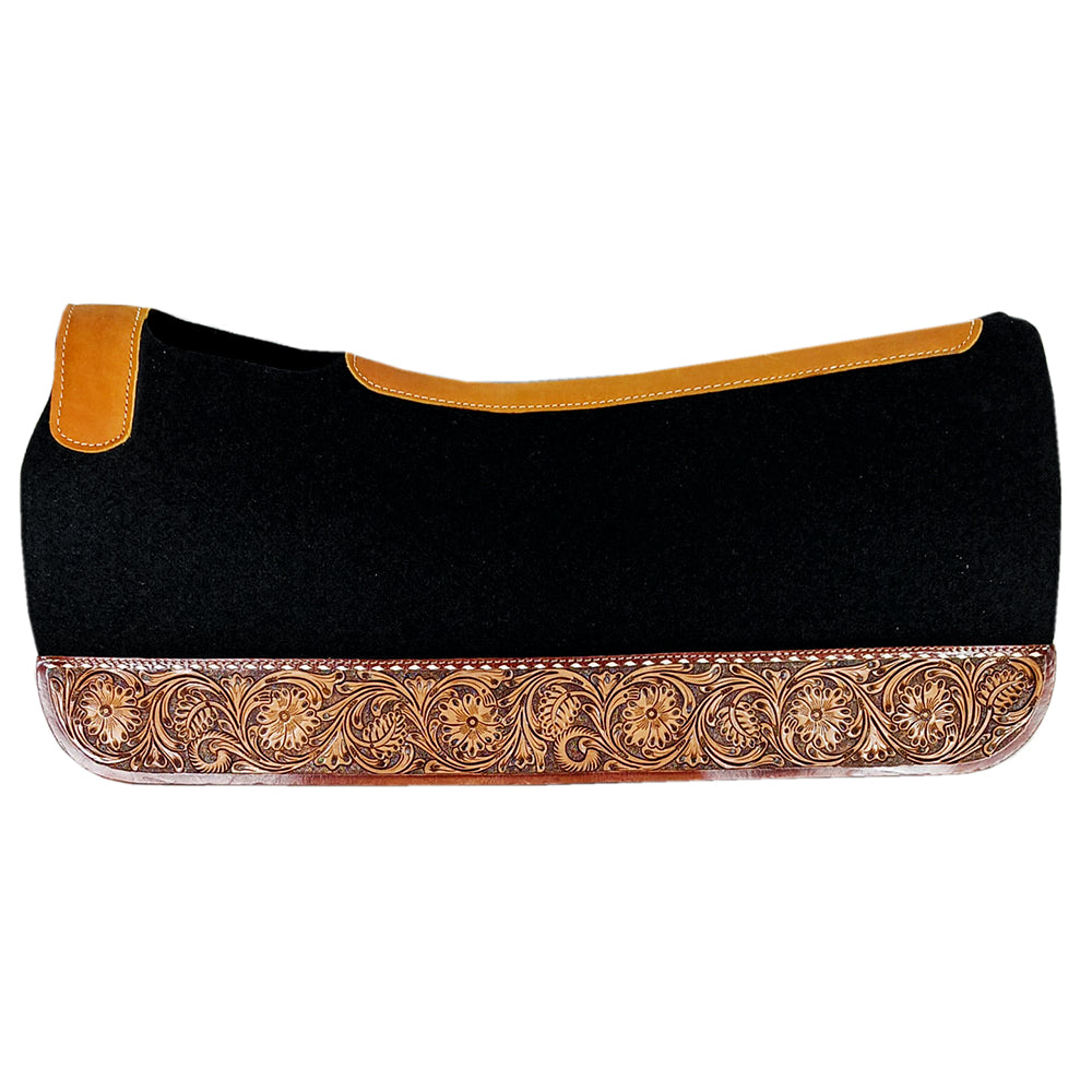 HILASON Western Wool Felt Horse Saddle Pad W/ Hand Tooled Distressed Wear Leather | for Horses