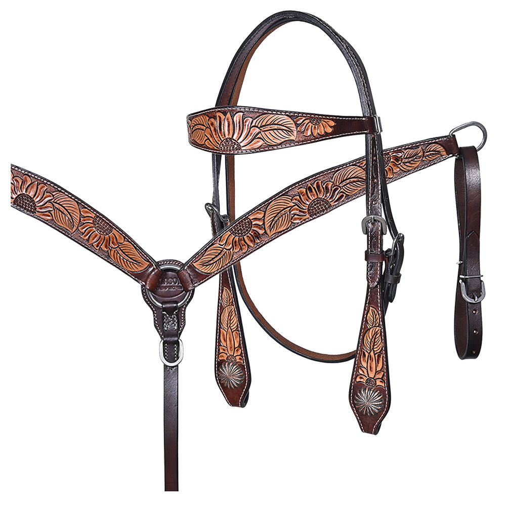 HILASON Western Horse Headstall & Breast Collar American Leather Floral Carving