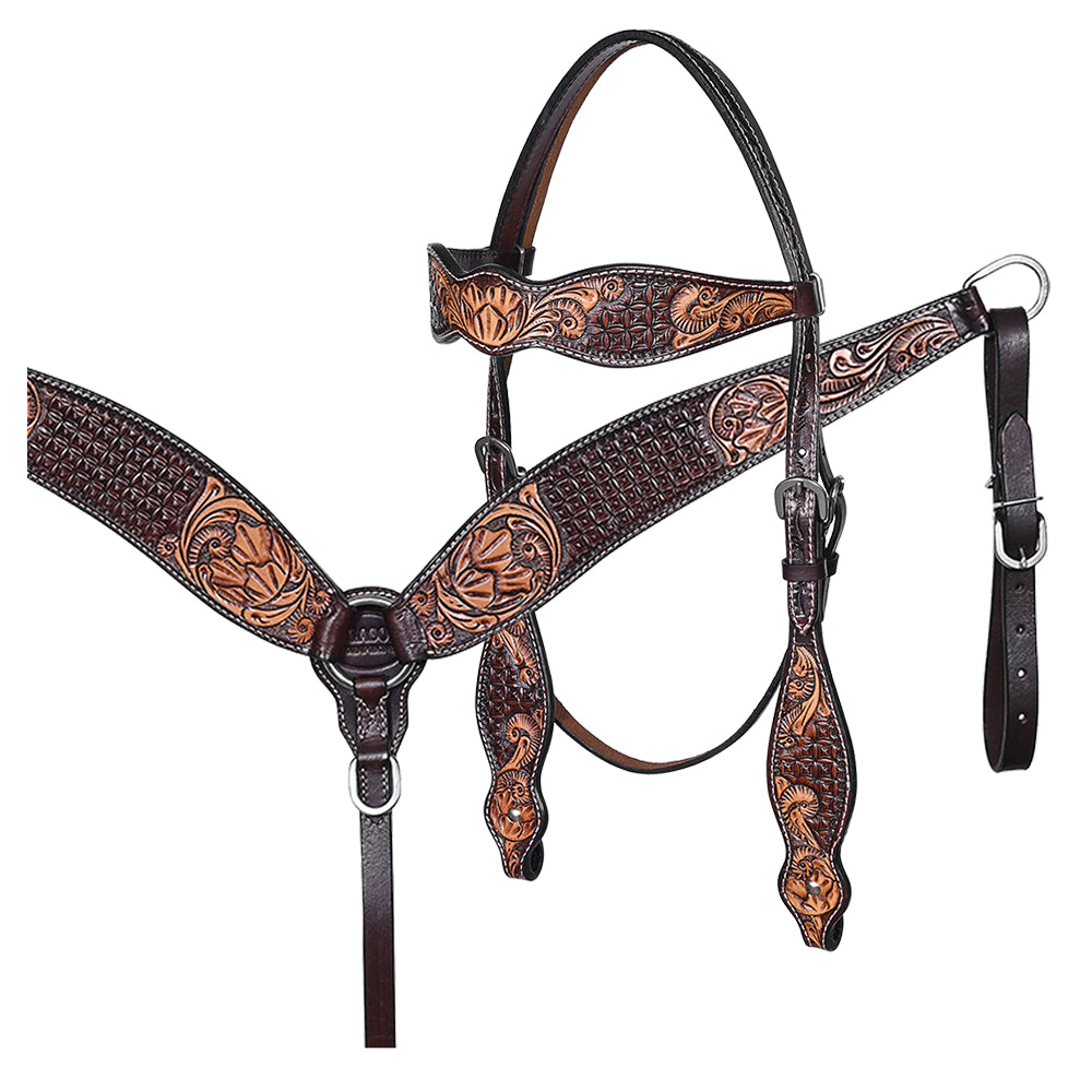 HILASON Western Horse Headstall & Breast Collar American Leather Floral Carving