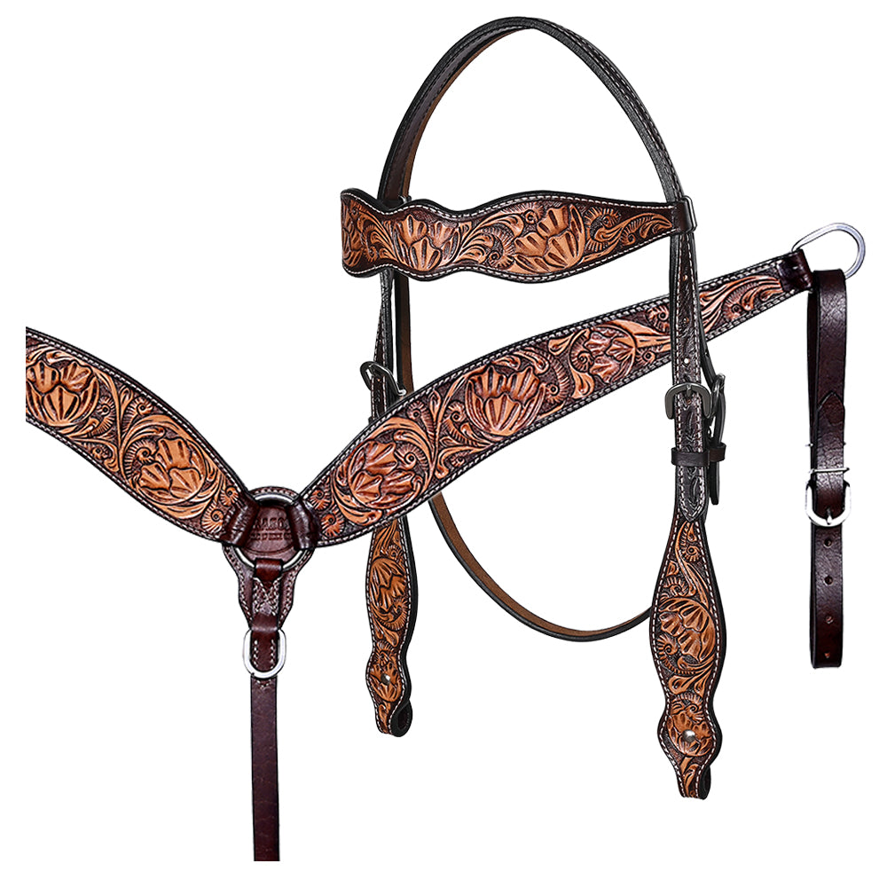 HILASON Western Horse Headstall & Breast Collar American Leather Hand Carving