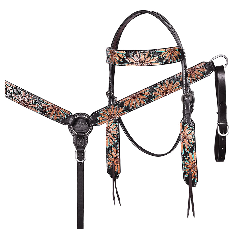 HILASON Western Horse Headstall & Breast Collar American Leather Floral Carving