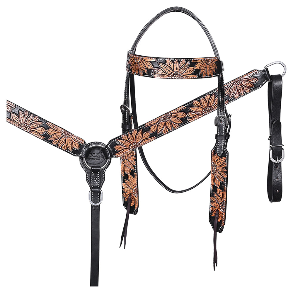 HILASON Western Horse Headstall & Breast Collar American Leather Floral Carving