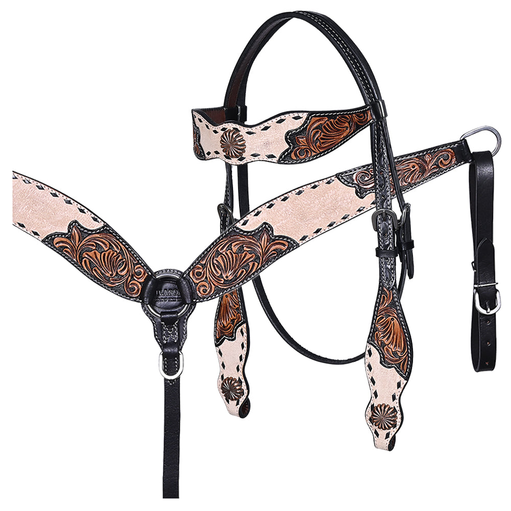 HILASON Western Horse Headstall & Breast Collar American Leather Floral Carving