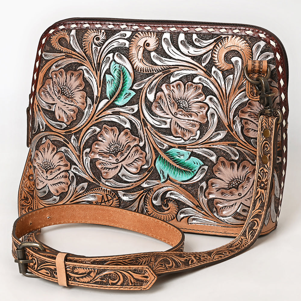 American Darling Western Cross Body Bag Handcrafted from Hand Tooled Genuine Leather | Sunflower Design, Buckstitch Trim & YKK Zipper