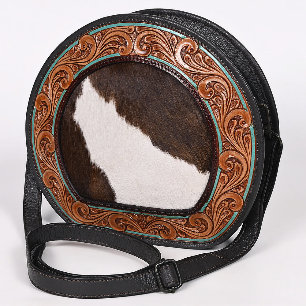 OHLAY Canteen Hand Tooled Hair-On Genuine Leather women bag western Handbag Purse