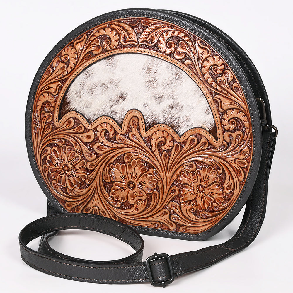 OHLAY Canteen Hand Tooled Hair-On Genuine Leather women bag western Handbag Purse