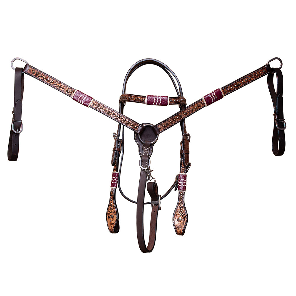 BAR H EQUINE Horse Hand Carved Breast Collar Headstall Genuine Leather Brown