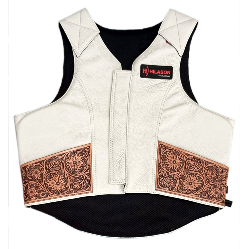 Hilason Bull Riding Rodeo Floral Hand Carved Genuine Leather Vest Safety Protective Gear Equipment White