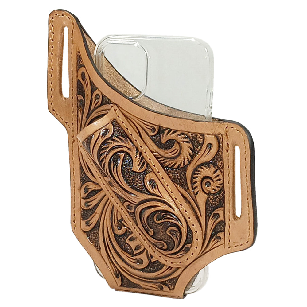 HILASON Leather Floral Hand Carved Stylish Cell Phone Holder Smartphone Case Tan