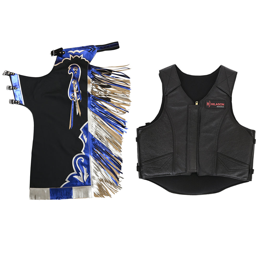HILASON Western Horse Bull Riding Safety Leather Protective Vest & Rodeo Chaps Combo