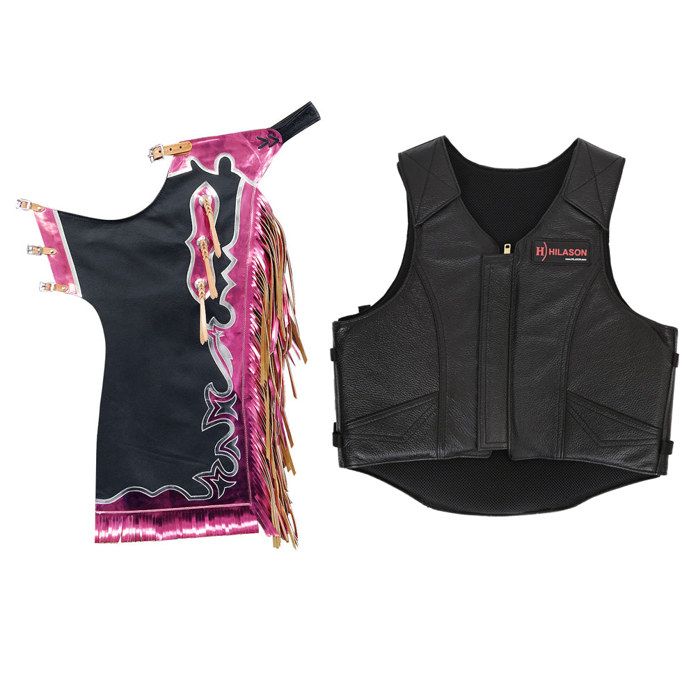 HILASON Western Horse Bull Riding Safety Leather Protective Vest & Rodeo Chaps Combo