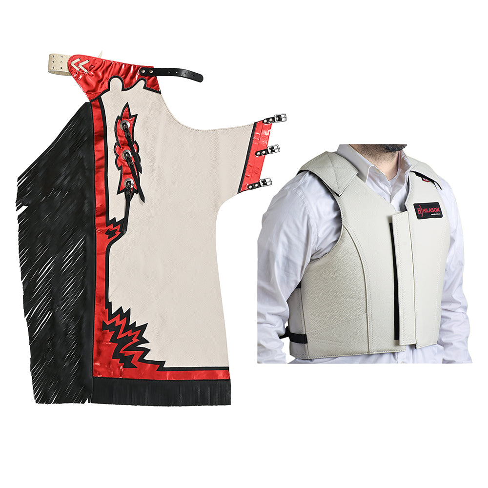 HILASON Western Horse Bull Riding Safety Leather Protective Vest & Rodeo Chaps Combo