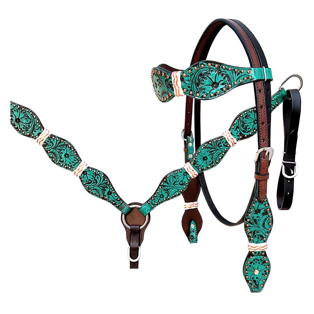 HILASON Western Horse Headstall Rawhide Braided American Leather Turquoise | Breast Collar Tack Set for Horses