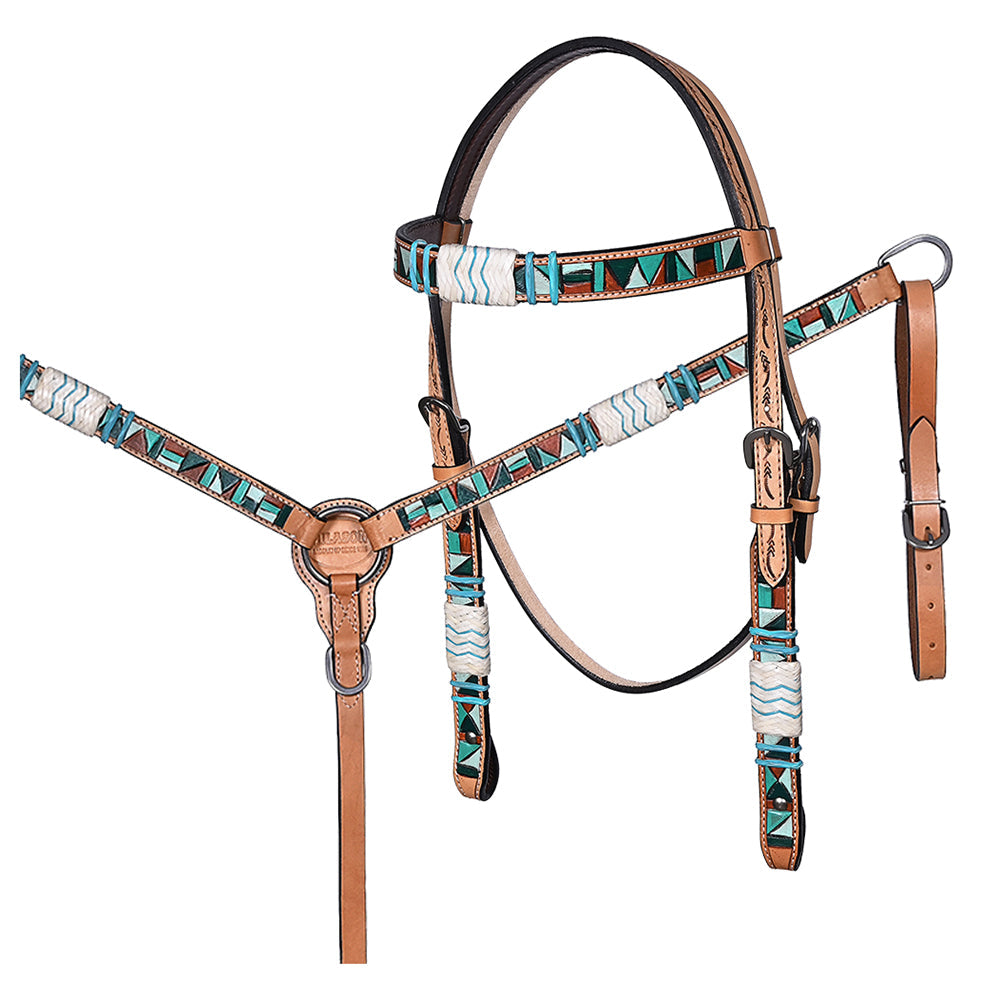 Hilason Horse Hand Painted American Leather Breast Collar Headstall Rawhide Braided Tan