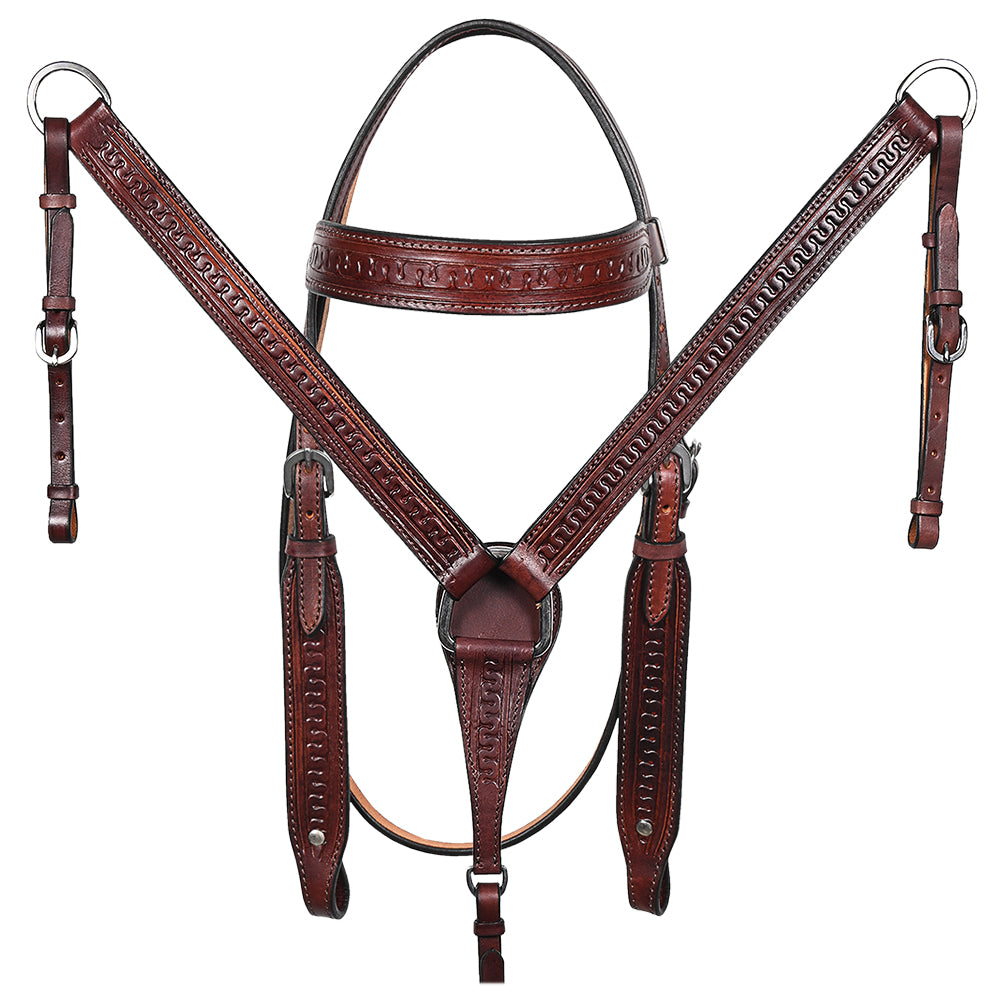 Hilason Western Horse Hand Tooled Headstall Breast Collar Genuine Leather Brown Stainless Steel Hardware