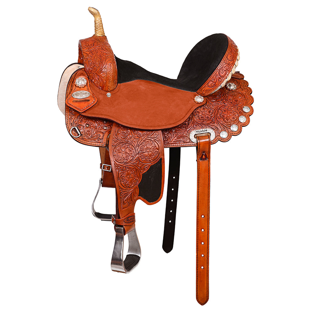 Hilason Western Horse Barrel Flex Tree Trail Saddle American Leather Tan Gorgeous Floral Hand Tooled & Carved