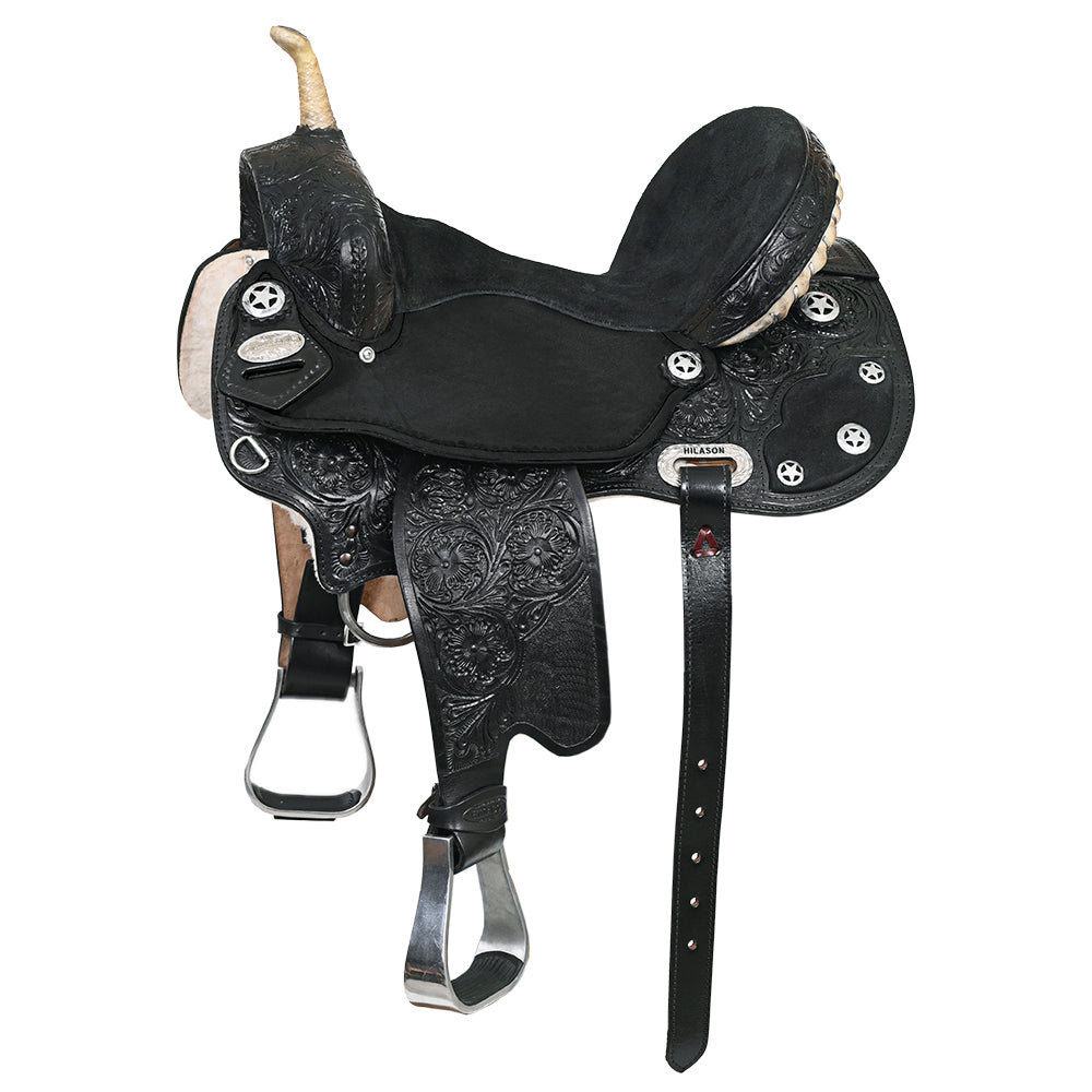 Hilason Flex Tree Western Horse Saddle American Leather Trail Barrel Black With Floral Hand Carved
