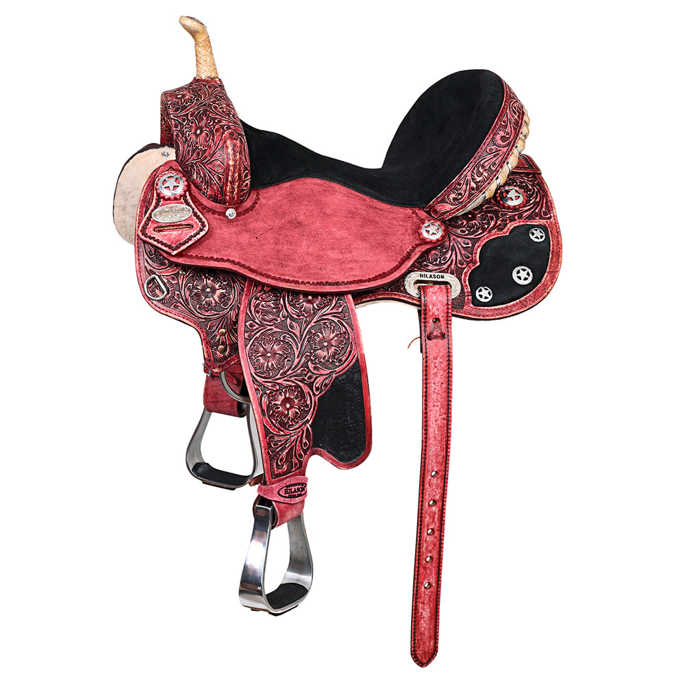 Hilason Flex Tree Western Horse Saddle American Leather Trail Barrel Antique Mahogany With Floral Hand Carved