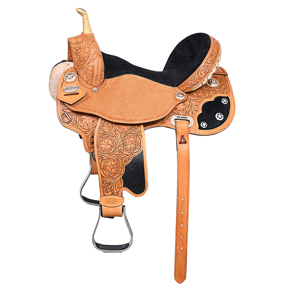 Hilason Flex Tree Western Horse Saddle American Leather Trail Barrel Oiled Tan With Floral Hand Carved