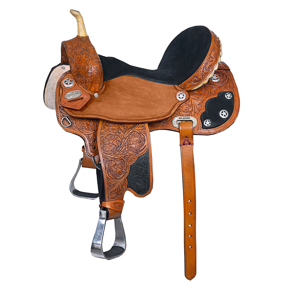 Hilason Flex Tree Western Horse Saddle American Leather Trail Barrel Tan With Floral Hand Carved