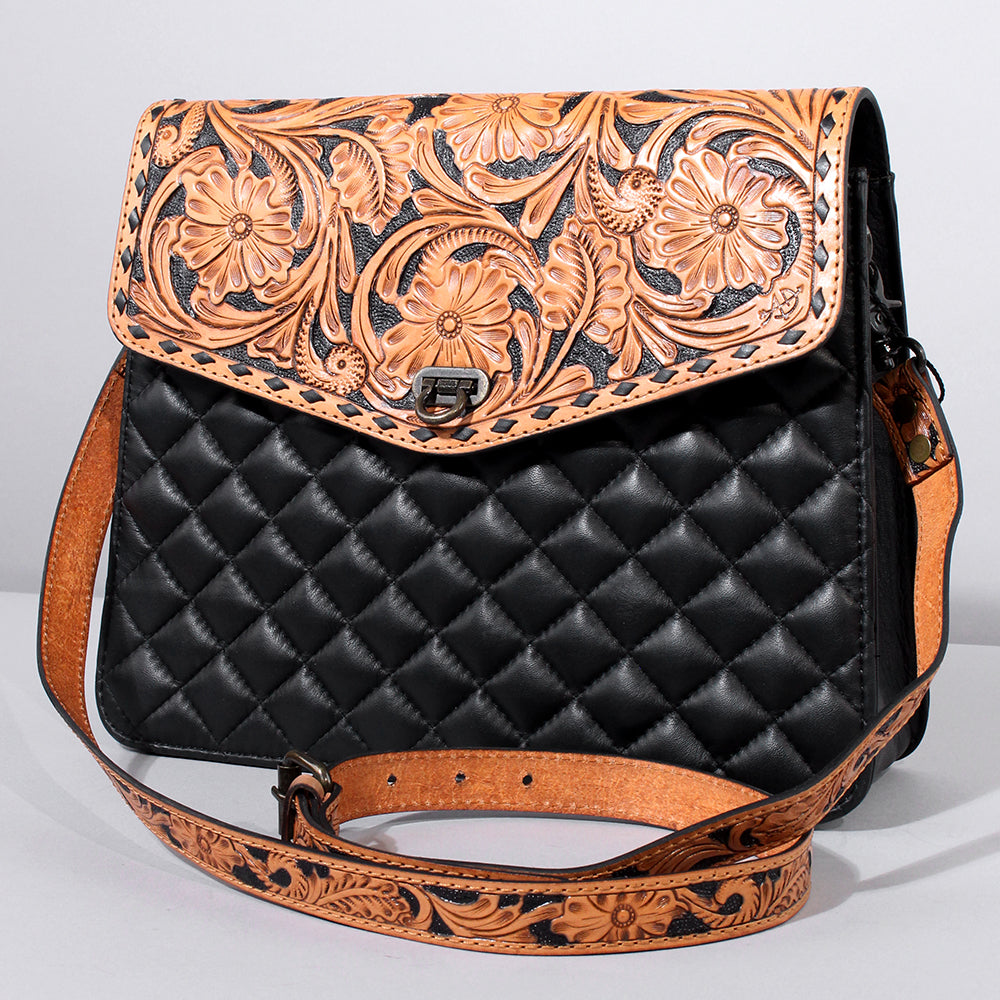 American Darling Hand-Tooled Cross body Bag, Quilted Floral Carved Genuine Leather Western Purse, YKK Zipper